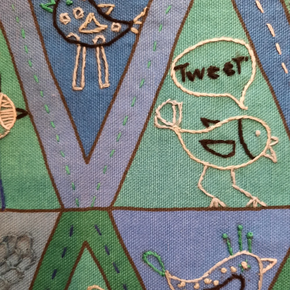 Original hand-embroidered bird quote wall hanging blue birdies